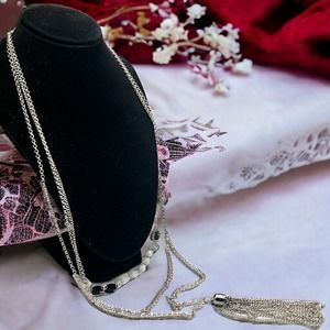 Long 3 Strand Silver-Tone Beaded Tassel 27.75 Inch Necklace!